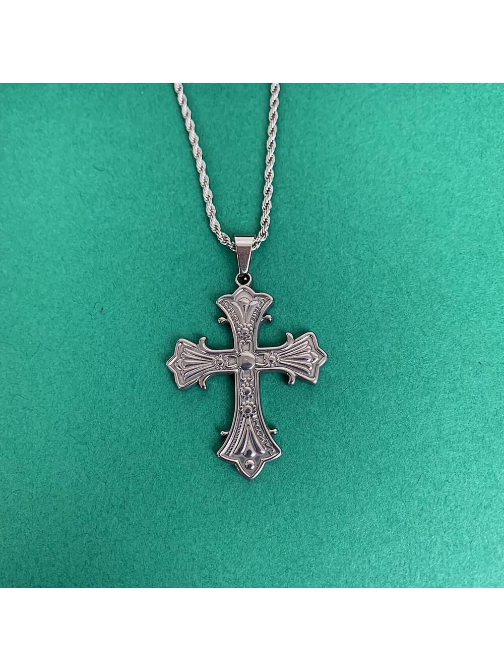 Stainless steel y2k style gothic silver cross pendant necklace. 20 inches - Picture 1 of 8